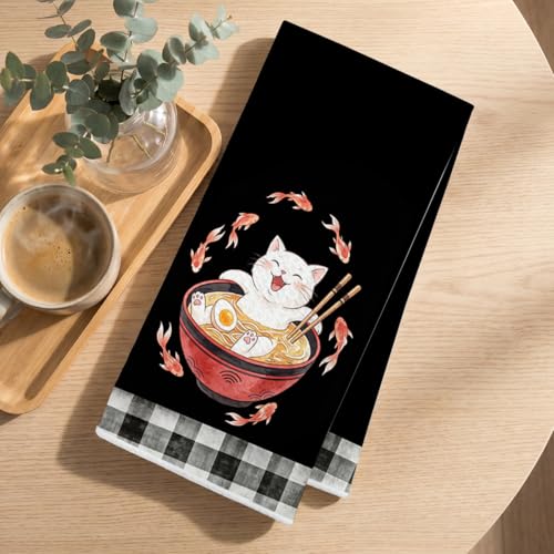 Image of 2 Pcs Funny Japanese Cat Eating Ramen Kitchen Towels 24x14 Inch, Japanese Reusable Dish Towels for Kitchen Bathroom Decor, Waffle Weave Absorbent Tea Towel, Cute Cat Lover Gifts for Women Mom Friend