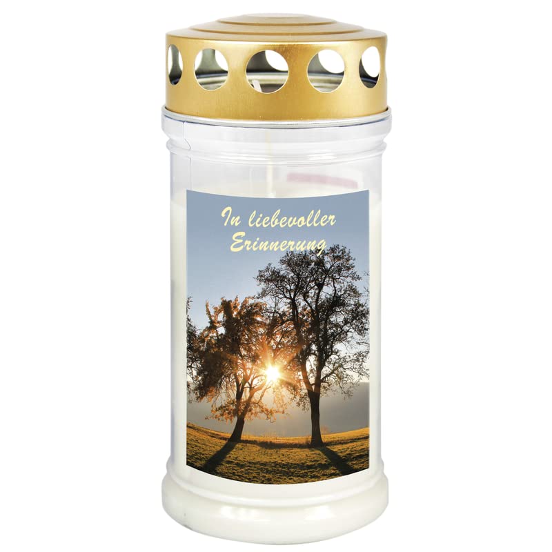 Motiv Grabkerze mit Deckel, Motiv: Baumpaar - Gedenkkerze - Grablaterne mit Motiv - Motiv Grableuchte - Grablicht mit langer Brenndauer (Größe:75 x 170 mm, Brenndauer: 70-90 Stunden, 1)
