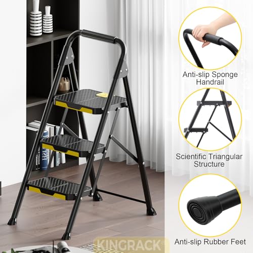 Image of KINGRACK 3 Step Ladder, Sturdy Steel Step Stool with Safe-Lock Design, Handrail, Anti-Slip Wide Pedals, Pass 800lbs Load Testing, Folding Portable Ladder for Multi-Purpose, Home, Kitchen, Black