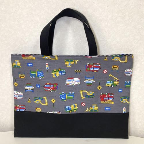 オーダー受付中　車　働く車　車柄乗り物　レッスンバッグ　シューズバッグ　体操服袋 レッスンバッグ 働く車 車柄 ブルー レッド キルティング - 製品詳細