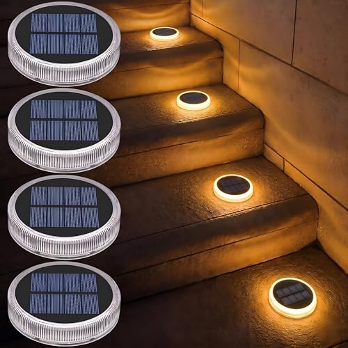 YiLaie Luces Deck Solares Exterior,Lámpara Solar Jardin 24 LED 360°Iluminación IP68 Impermeable Auto ON/OFF Luz Solar suelo para Step,Patio,Garaje,Camino,Calle, Valla,Blanco Cálido（4Pack）