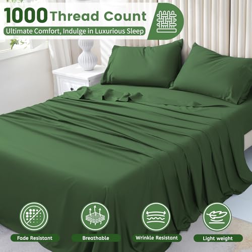 Bedlifes 1000 Thread Count 100% Egyptian Cotton California King Size Sheets Set - Sateen Soft Silky Breathable Luxury Cooling 4 Pieces (Forest Green)