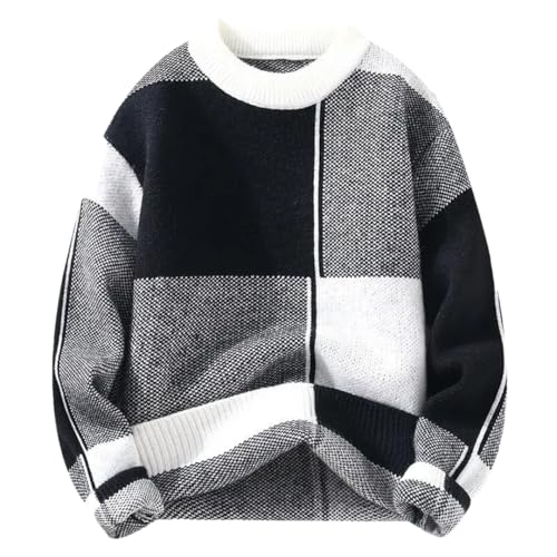 Men's Round Neck Patchwork Long Sleeve Thick Knitted Pullover Casual Knitted Sweater