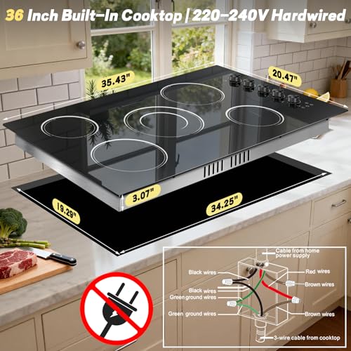 Image of 36 Inch Electric Cooktop 5 Burner 8400W Electric Stove 30'' Built-in Ceramic Stovetop with Knob Control, 9 Power Level, Safety Lock, Expanded Ring, 220V-240V Hard Wird (No Plug)