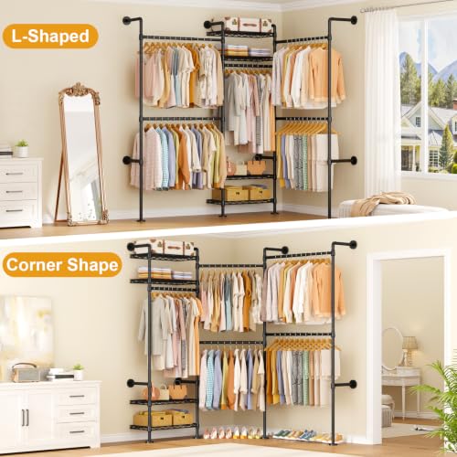 Image of ULIFHOME M7 Wall-Mounted Clothes Rack, Heavy-Duty Garment Closet System | Metal Clothing Storage Organizer with Shelves and Expandable Hangers, (66.5-100.7) inchL x 11.8 inchD x 86.6 inchH for Hanging, Black
