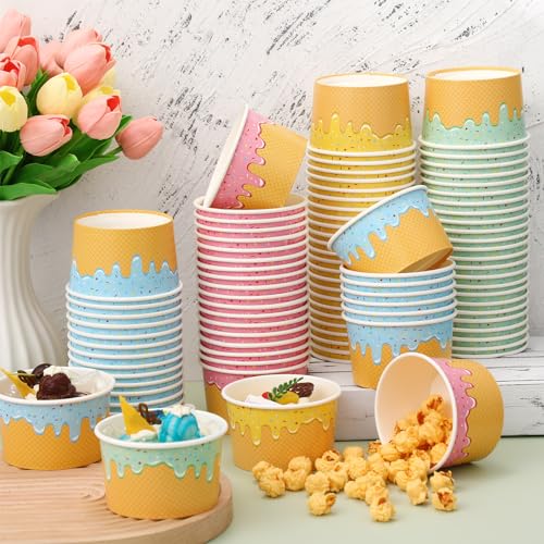 Image of 100 Pcs 6 oz Ice Cream Cups Paper Disposable Dessert Bowls Paper Ice Cream Sundae Bowls Bulk Dessert Cups Yogurt Snack Soup Containers for Cold or Hot Food Summer Birthday Party Supplies