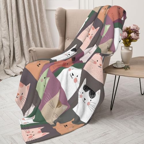 Couverture flanelle douce et légère motif chat multicolore