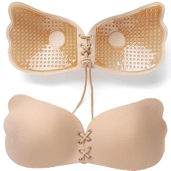 auzeno Strapless Sticky Bra Invisible Backless Stick on Bra Push up Lift Bras for Women Dress Reusable Silicone Nipple Covers (in, Cup Band, C, 36, Regular, Skin-Butterfly Shape)-picture-23