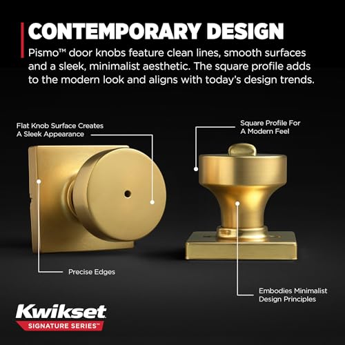 Image of Kwikset Pismo Interior Privacy Door Knob with Lock, Door Handle for Bathroom and Bedroom, Satin Brass, Square, Keyless Turn Lock Doorknob
