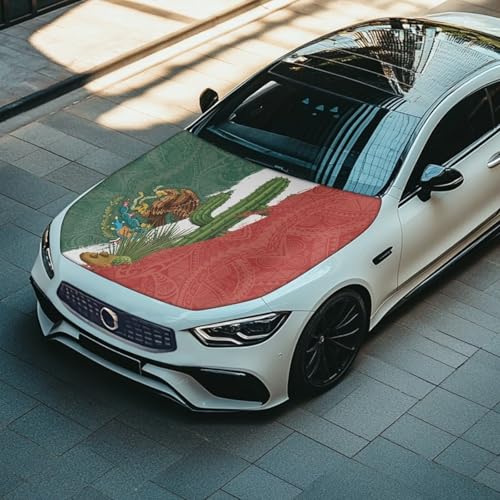 Image of Renewold Car Hood Cover, Mexico Flag Tropical Cactus, Party Holiday Camping Covers for Cars, Vehicle Hood Wrap Blanket, Women Men Automotive Exterior Accessories, for Outdoor Indoor