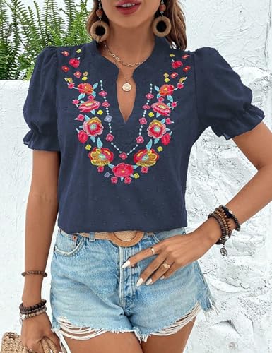 ZILIN Women's Casual Floral Embroidered V Neck Boho Short Puff Sleeve Shirts Loose Summer Blouses Tops Fashion Clothes 20252