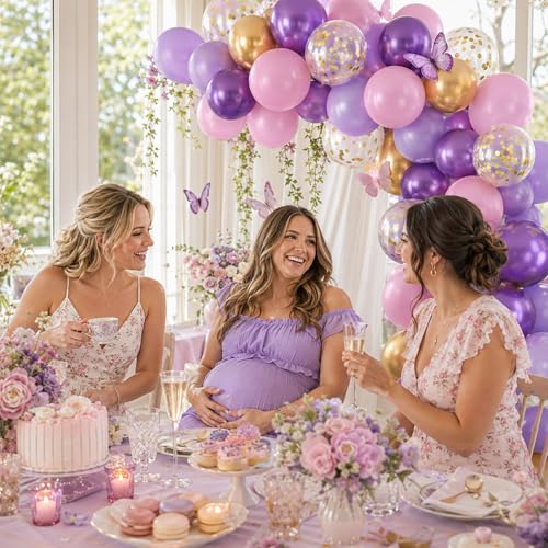 Image of Pink and Purple Balloons, 60PCS Pastel Purple and Pink Balloons, 12 Inch Metallic Gold Confetti Latex Balloon for Women Girls Baby Shower Bridal Shower Birthday Butterfly Party Decor