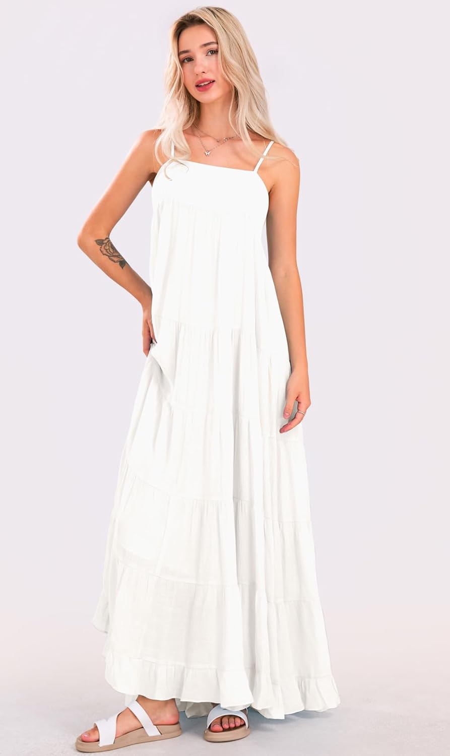 CHARTOU Women Boho Long Flowy Dress Casual Tiered Maxi Dress Spaghetti Strap Sleeveless Dress Beach Swing Sundress - Image 2