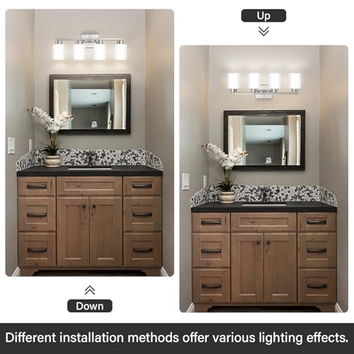 Image of FonmYim Brushed Nickel Bathroom Light Fixtures, 4-Light Modern Vanity Light Over Mirror, Wall Sconces with Milky White Frosted Glass Shades, E26 Socket (Bulbs Not Included)