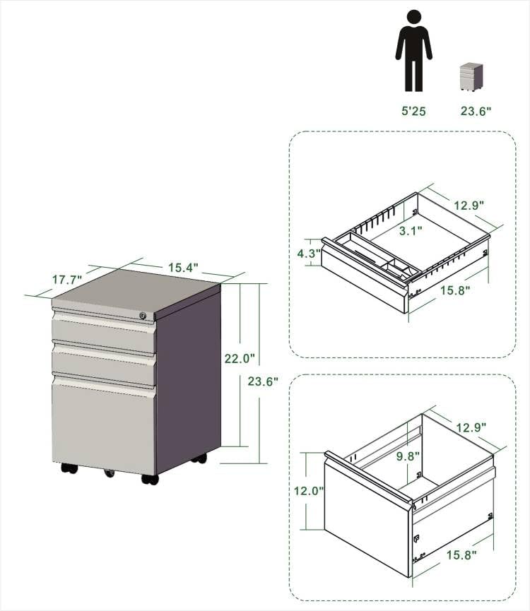 Miniatura 2 de Archivador clásico de 3 cajones de 15.4 pulgadas de ancho con cerradura, gabinetes de llenado de metal para tamaño legalcarta para oficina en casa,