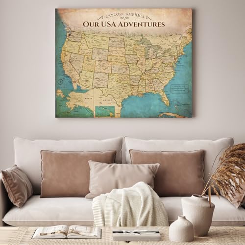 Image of DECORARTS - Push Pin Travel Map USA, US Maps for Wall, Antique Vintage Old United States Pin Board Canvas Wall Art, Giclee Print on Canvas, Handcrafted in USA, 30x24''