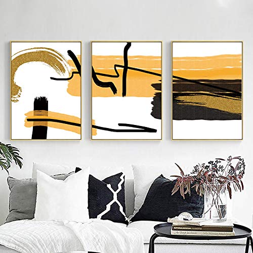 Toile abstraite jaune et gris pour salon | Lot de 3 affiches déco 50x70 cm