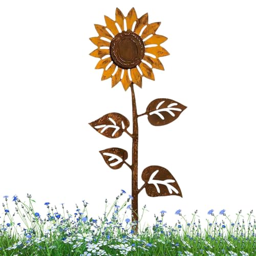 Qikam Metall Gartendekoration - Sonnenblumen Gartenstäbe Frühlingsdekoration | Deko Vintage Rostige Stäbe Für Wege Vorgarten Blumenbeet Balkon Terrasse Garten Zaunlinie Rasen Poolbereich