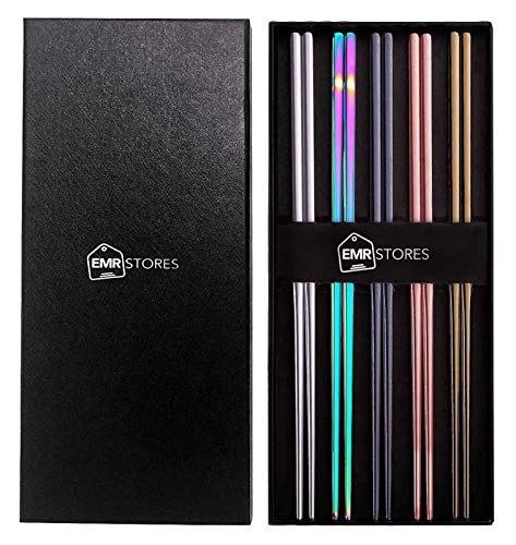 Stainless Steel Chopsticks - Multicolor Reusable Chopsticks - 5 Pairs Dishwasher Safe Metal Chopsticks - Easy to Use - Square Lightweight Chop Sticks - Gift Set metal chopsticks ZJSXIA