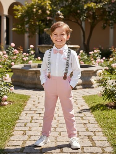 Image of Boarnseorl Baby Boys Pants Sets, Infant Long Sleeve Shirt + Pants + Bow Tie + Suspenders Outfits
