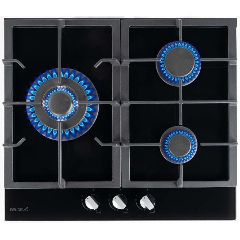 BELDEKO Plaque de cuisson Gaz 3 Feux 60 cm Verre Noir - Grilles Fonte - Marque Française
