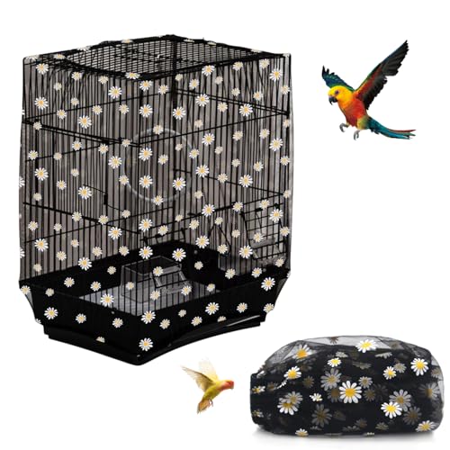 Image of Bird Cage Seed Catcher, Seed Catcher Guard Net Cover, Parrot Nylon Mesh Net Cover, Universal Soft Airy Cage Net Stretchy Skirt for Round Square Cages (Daisy-Black, 15.7 inch x87 inch)