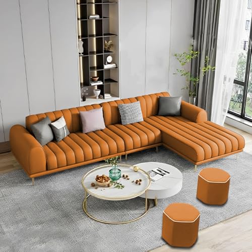 Image of Casaliving Herrick RHS 6 Seater L Shape Sofa Set with 2 Puffy for Living Room (Orange) Premium Velvet Fabric Sofa