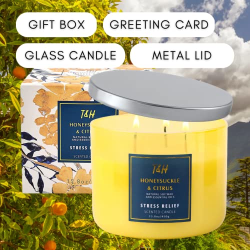 Large 3 Wick Scented Candle - Honeysuckle Citrus Stress Relief Aromatherapy Candle With Grapefruit, Mint & Rose - 15.8 Oz Natural Soy Candles For Men And Women - Scented Spring Candles For Home #TOP4