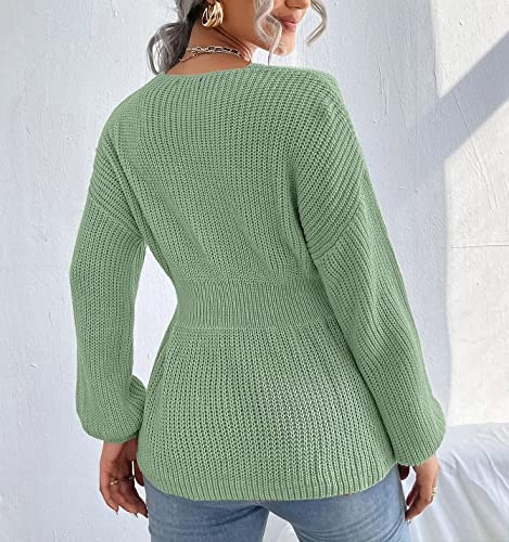 Image of Veatzaer Womens V Neck Sweaters Fall Trendy Casual Long Lantern Sleeve Ribbed Knit Pullover Sweater Tops