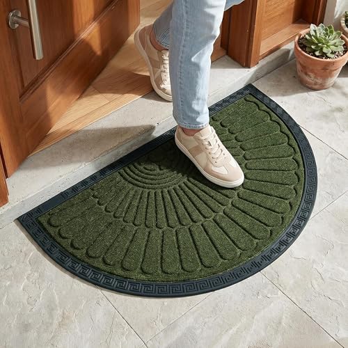 Image of Yellow Weaves Semi Circle Door Mat for Home Entrance, Half moon Outdoor Rubber Mat - Non-Slip, Anti Skid Half Circle Foot Mat, Dirt Trapper, Heavy-Duty, Waterproof Main Doormat, 45x70 cm | Olive Green