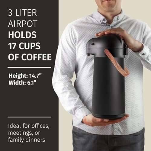Thermal Coffee Carafe 102Oz w/Wood Trim, Keeps Coffee Hot for 12Hrs & Cold for 36Hrs-Premium Stainless Steel Carafe for Hot Liquids, Easy One-Handed Dispensing for Office, Home, Party, Durable Airpot - Thumbnail 7