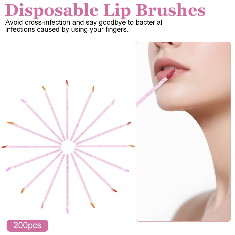 200 Pezzi Monouso Pennelli Labbra, Applicatore per Rossetto in Cristallo, Lip Gloss Applicatore Bacchette Pennello, Pennello per Dettagli Sulle Labbra(Rosa-Versione Crystal)