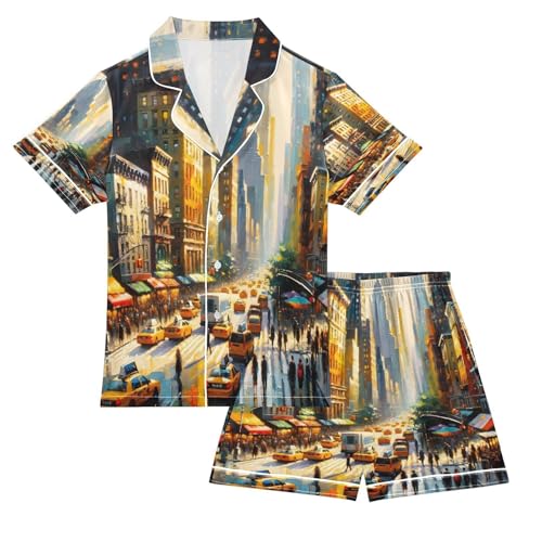 ALAZA New York Street Oil Painting Artwork Satin Pajamas Set Short Sleeve Button Down Sleepwear Summer Pjs 2 Piece