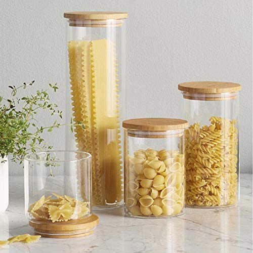 Canister Set of 5, Glass Kitchen Canisters with Airtight Bamboo Lid, Glass Storage Jars for Kitchen, Bathroom and Pantry Organization Ideal for Flour, Sugar, Coffee, Cookie Jar, Candy, Snack and More