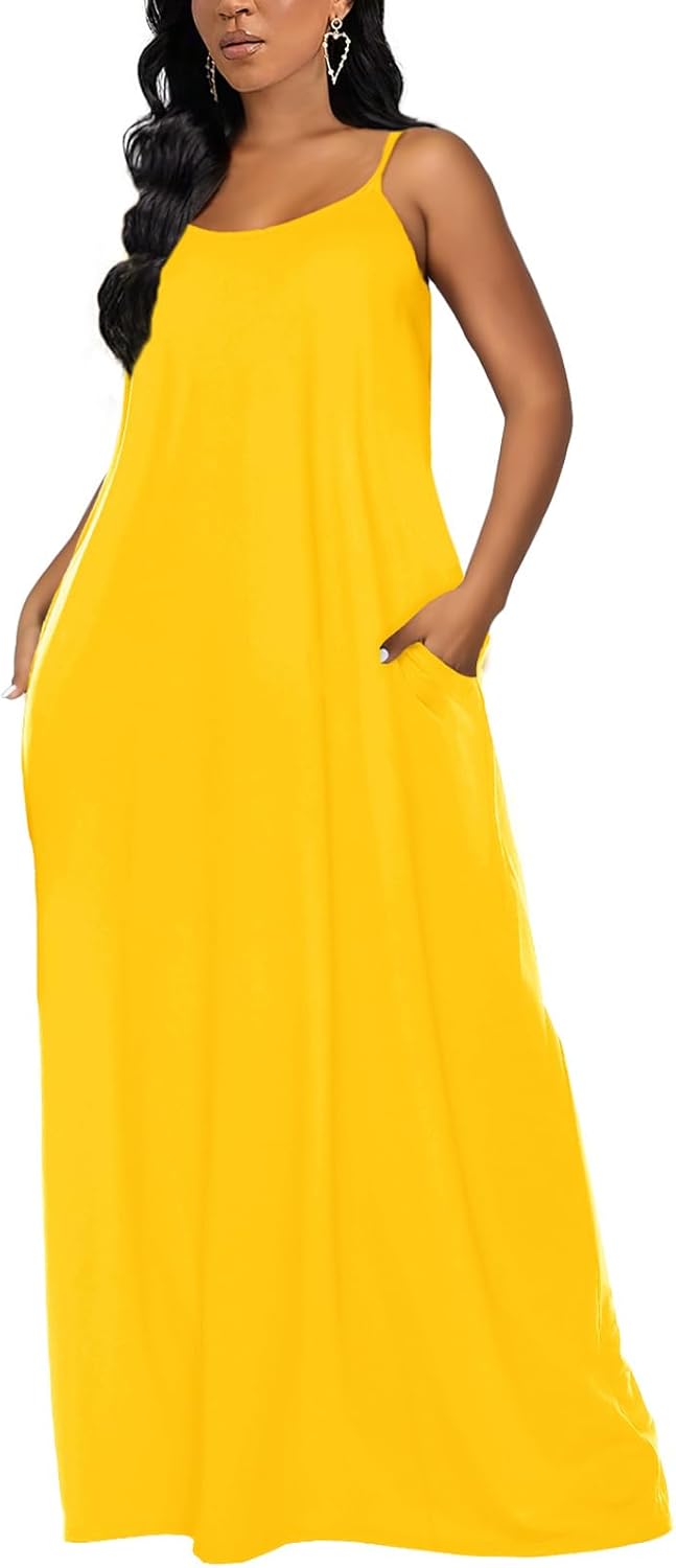 OFEEFAN Women's Maxi Dresses Summer Spaghetti Strap Dress with Pockets - Image 2