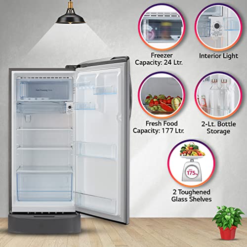 Image of LG 201 L 5 Star Inverter Direct-Cool Single Door Refrigerator Appliance (GL-D211HPZZ, Shiny Steel, Base stand with drawer & Smart connect, Gross Volume- 204 L)