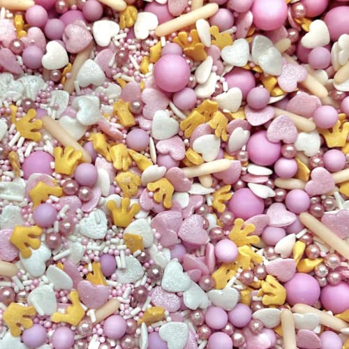 Pink white sprinkles peach beige blush gold crowns hearts chocolate balls princess party theme for cupcake cookies cake toppers pearls metallic 100s and 1000s edible decoration PRETTY PRINCESS