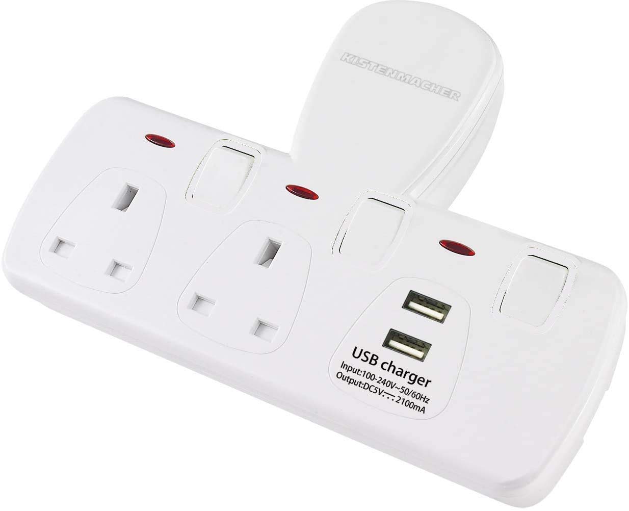 Kistenmacher 2Way Wall Plug, with 2x USB and 2x BS connectors, with individual power switches and LED indicators