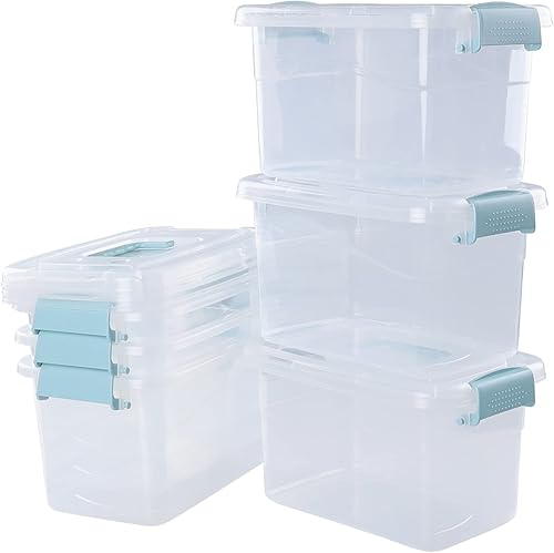 Hespama Contenedor de almacenamiento de 6 cuartos de galón, caja de plástico con mango verde menta y pestillos, 6 paquetes