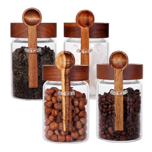 SAIOOL Loose Leaf Tea Storage Canister Set, 4 Pieces 16 OZ Glass Tea Containers with Wooden Lids and Spoons for Loose Tea, Coffee, Sugar, Oatmeal, Herbs (Tea Canisters)