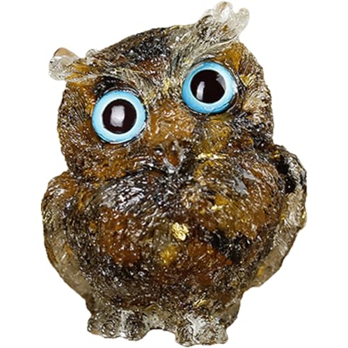 YUYAKESHI ふくろう 置物 マスコット オブジェ かわいい ミニ 梟 玄関 さざれ石入れ 手作 天然石 フクロウ インテリア 樹脂 装飾 小物 テーブル 目の色はランダム(タイガーズアイ+金箔)