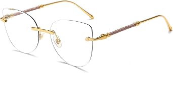 LJCZKA Rimless Blue Light Blocking Glasses Women Stylish Cat eye Eyeglasses Anti Eye satrain Computer Cateye Metal Frame