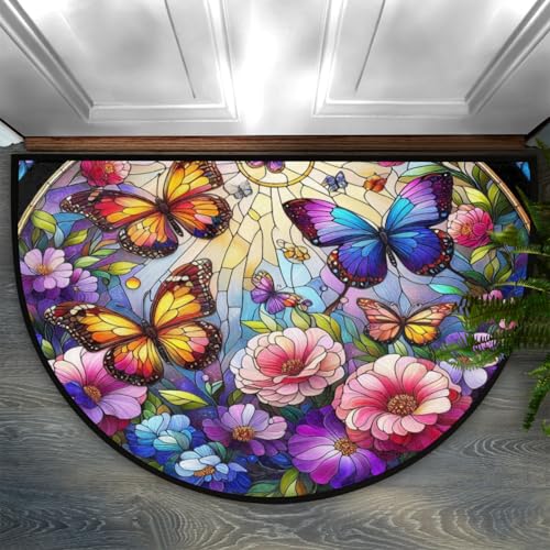 Image of Half Round Doormat Colored Butterfly Flowers Non Slip Half Circle Area Rugs Indoor Washable Half Moon Rug Semi Circle Bathroom Runner Mat Entrance Floor Carpet for Kithen Bedroom Fireplace Decor