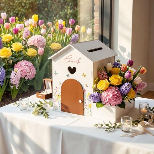 Image of Wooden Wedding Card Box Cabin-Shaped with Flower Trough & Magnetic Door