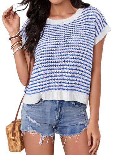 Milumia Women's Striped Short Sleeve Sweater Vest 2025 Summer Cap Sleeve Pullover Tank Top4