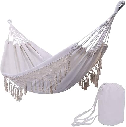 kartfury Boho Large Brazilian Fringed Macram? Double Hammock Swing Bed with Carry Bag for Patio Porch Bedroom Yard Beach Indoor Outdoor