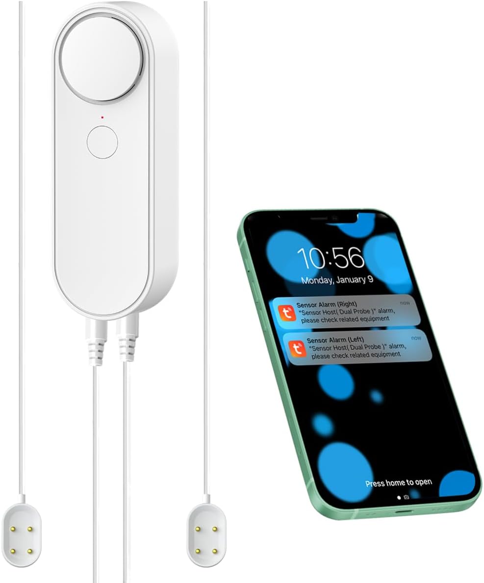 WiFi Water Leakage Detector with Dual Probe, Smart Water Sensor Alarm, Detached 16.4FT Dual Detection Line, Left and Right Dual Alarms, Remote App Monitoring, Dual Alerts, AAA Battery Powered(Include)