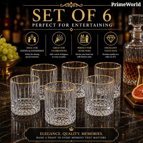 Image of PrimeWorld Timeless Gold Rim European Crystal Whiskey Glasses Set of 6 pcs- 355 ml Bar Glass for Drinking Bourbon, Whisky, Scotch, Cocktails, Cognac- Old Fashioned Cocktail Tumblers