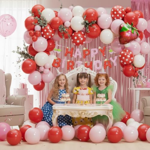 Image of Strawberry Birthday Party Decorations 101pcs, Red Pink Red white Strawberry Balloons with Pink Fringe Curtain Happy Birthday Banner for Sweet Girl Berry First Birthday Baby Shower Party Decor