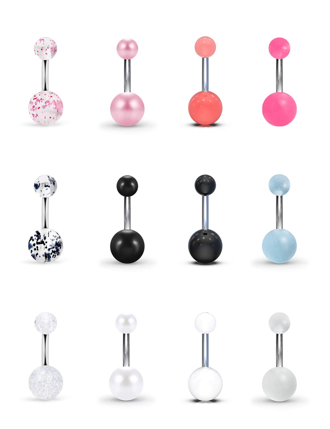 Ftovosyo 12PC Belly Button Rings Banana Barbells 14G Surgical Steel Bar Mix Color Body Piercing Jewelry for Women Girls